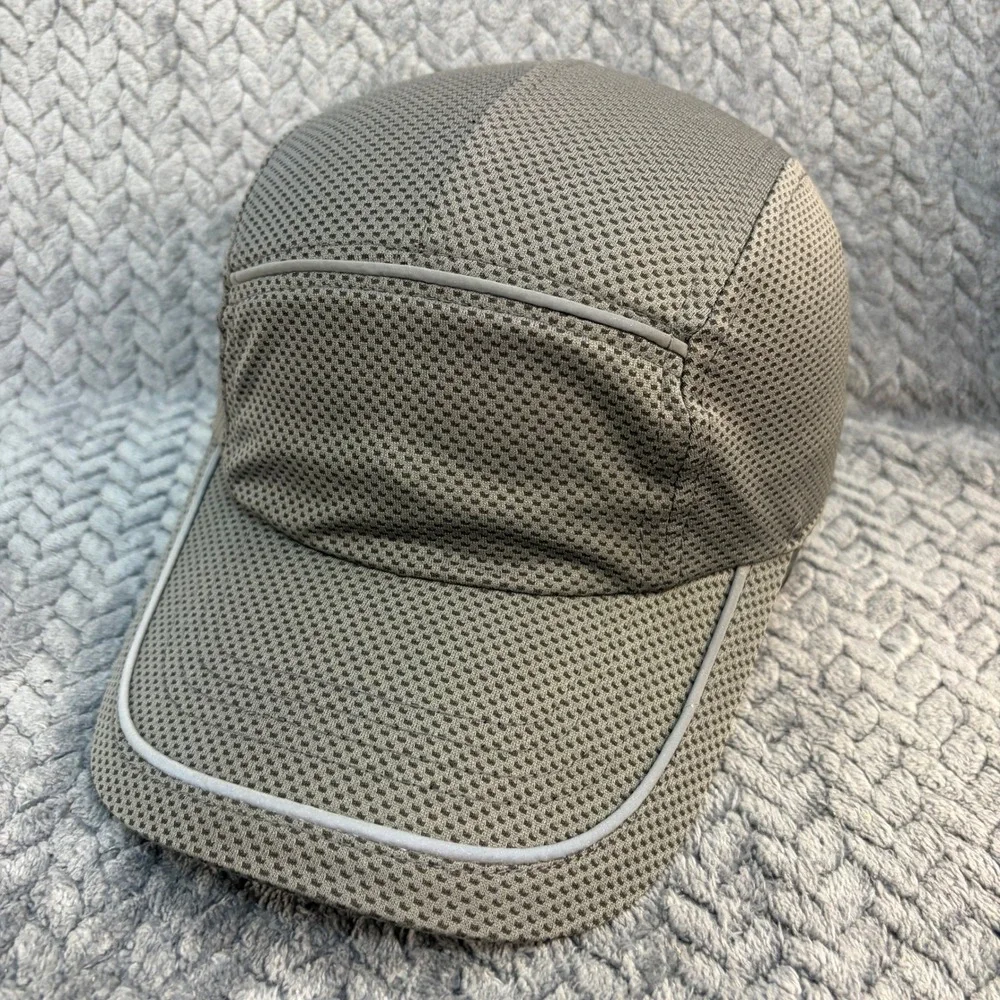 Grey Mesh 5 Panel Running Hat Reflective Piping Adjustable Strap Athletic Cap